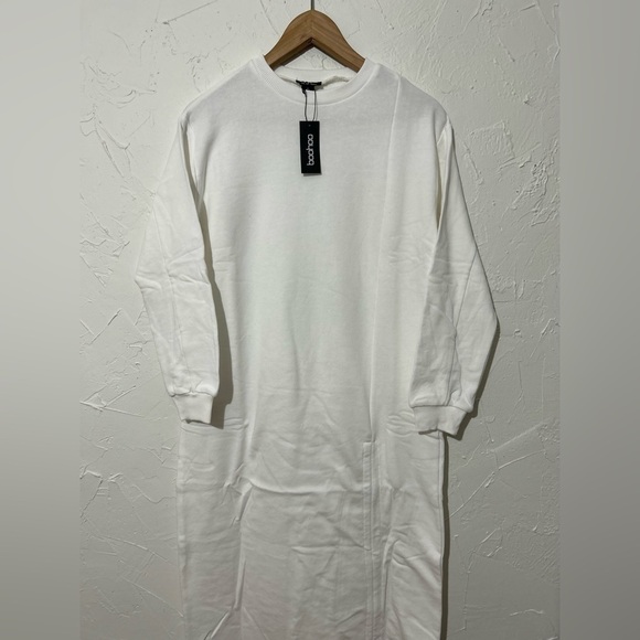 Boohoo White Long Sleeve Ruched Sweatshirt Dress Sz XS | Casual Chic Fall Outfit - Picture 6 of 11